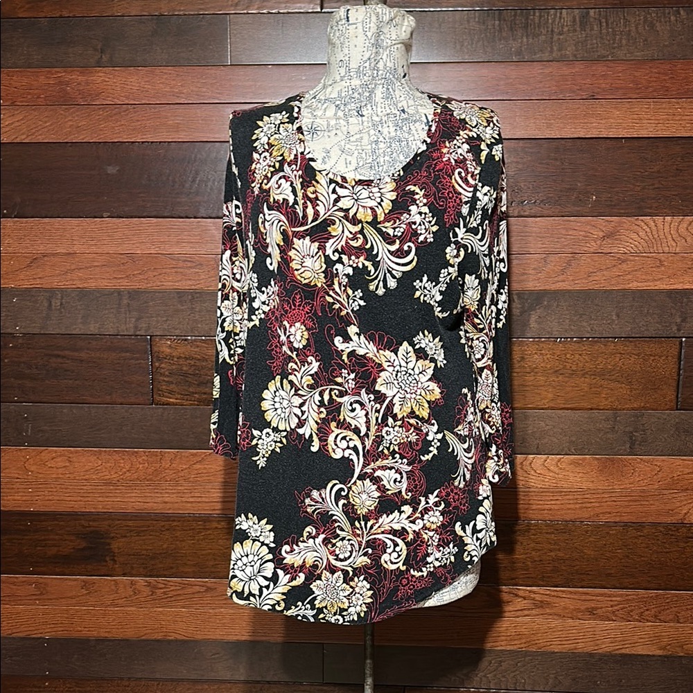 JM Collection Floral Long Sleeve Top - Black, Red, Yellow